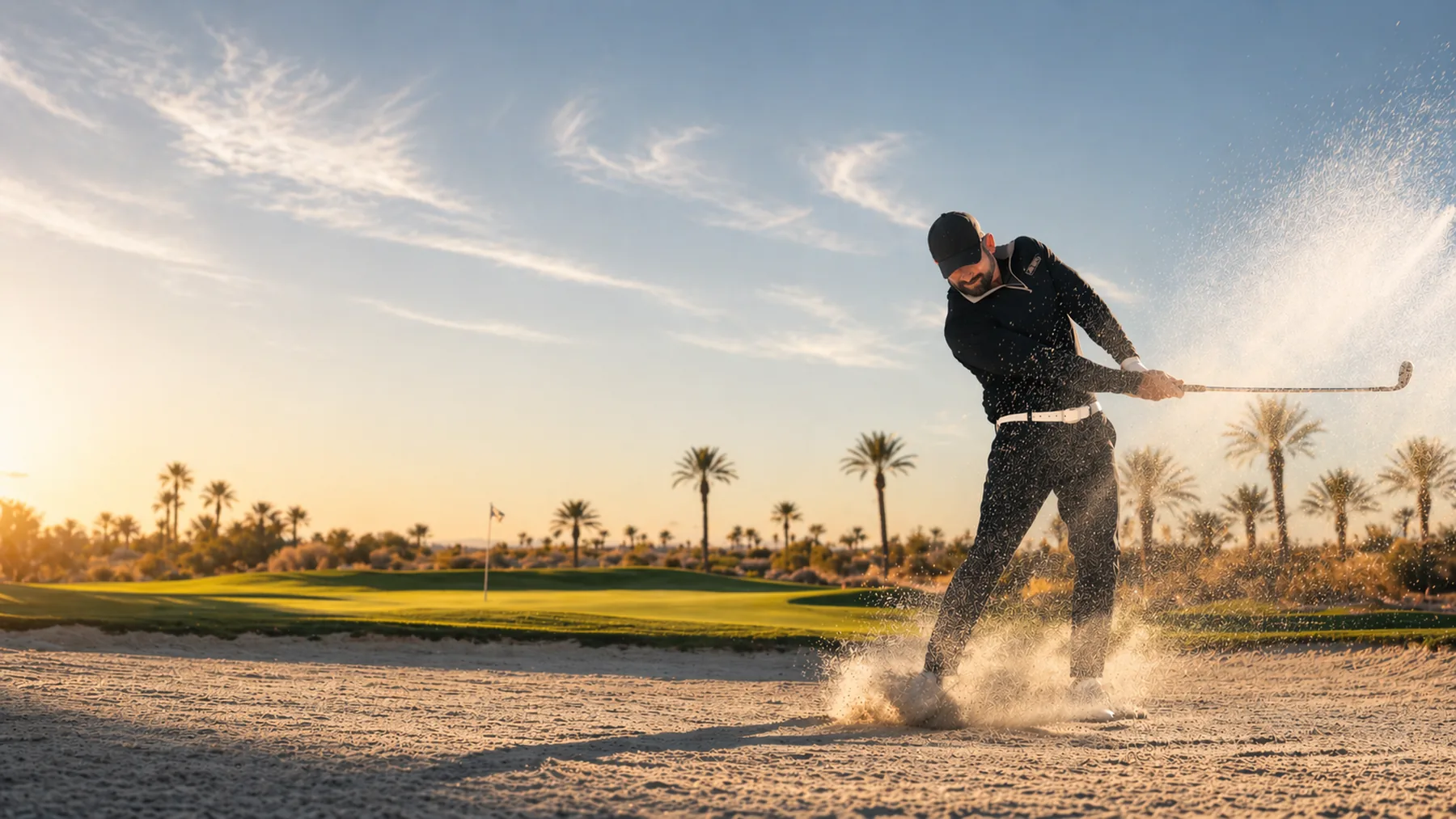A man striking a golf shot out of a bunker at golden hour, sand spraying behind the club, representing the energy that comes with optimized hormones.