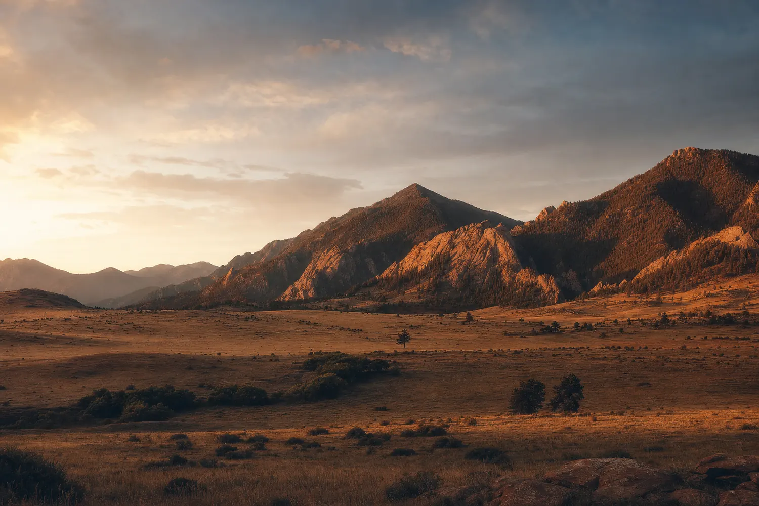 The Colorado Front Range foothills above open grassland at first light.