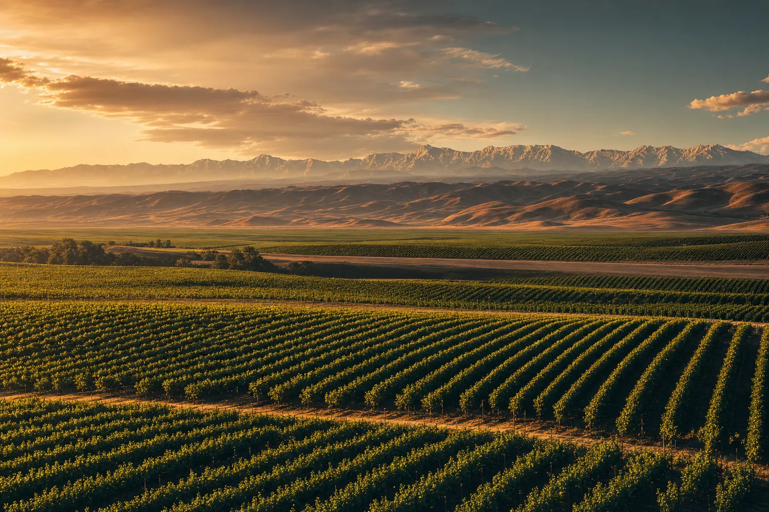 San Joaquin Valley vineyards near Fresno with the Sierra Nevada on the horizon at golden hour.