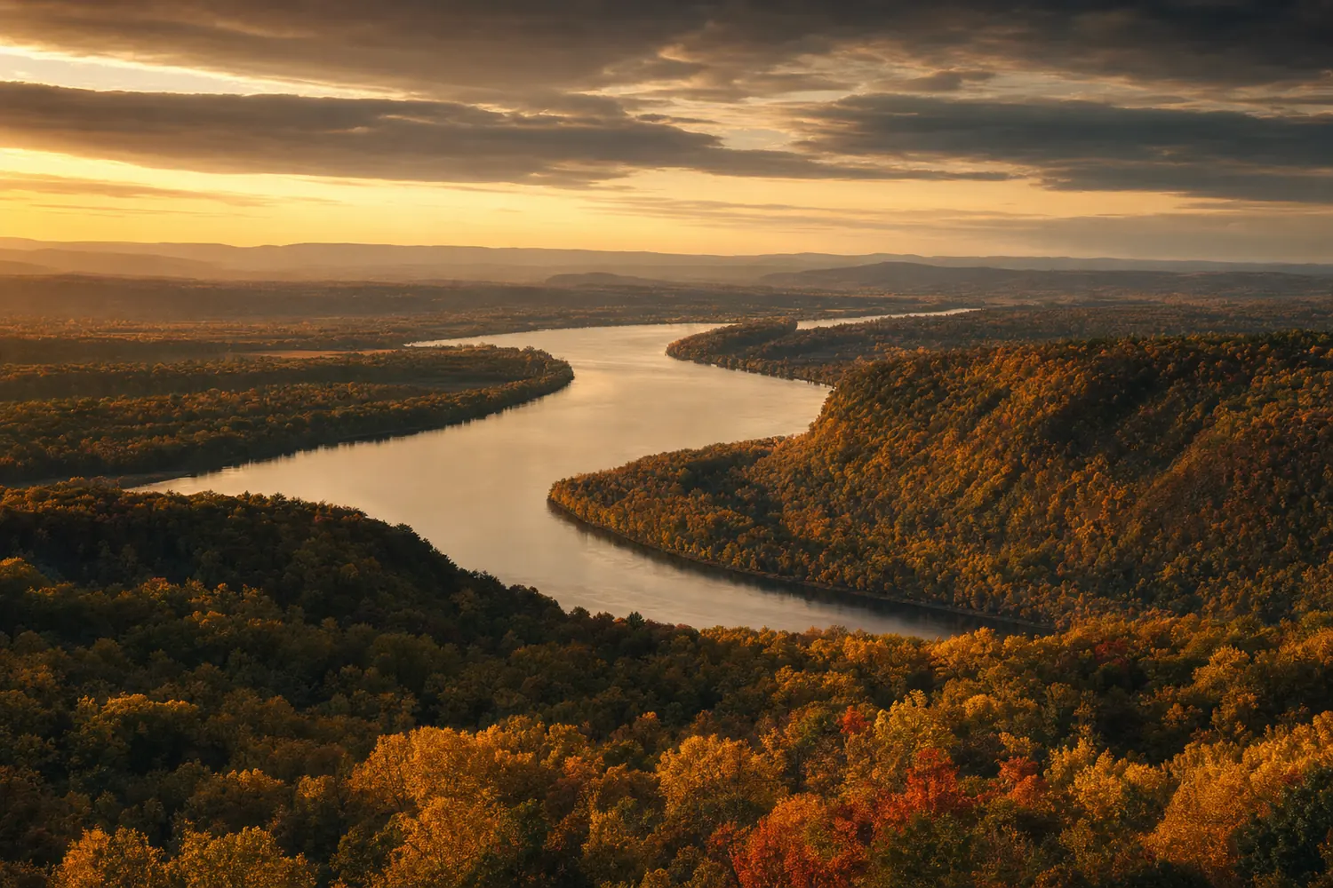The Connecticut River valley near Hartford, hardwood hills in full autumn colour.