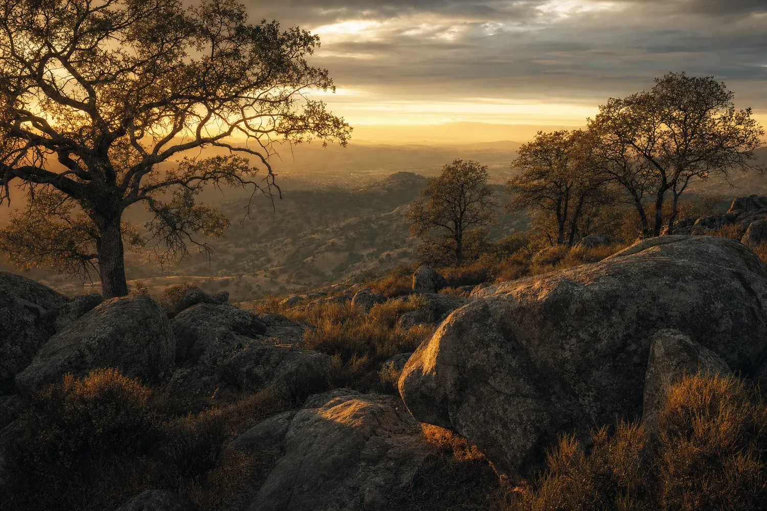 Granite outcrops and blue oaks in the Sierra foothills near Rocklin at golden hour.