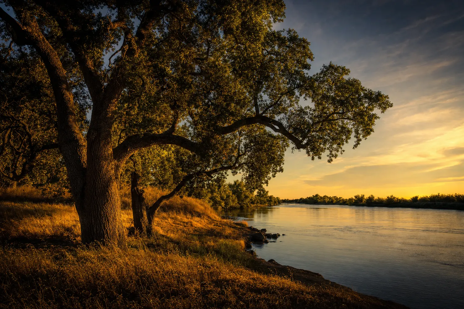 Valley oaks along the Sacramento River delta in golden late light.