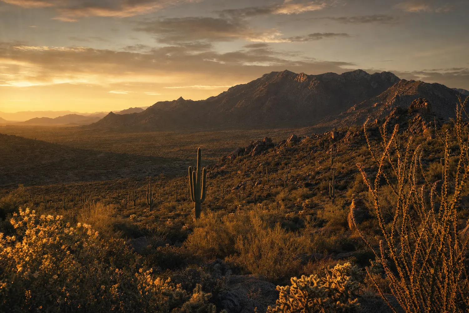 The McDowell Mountains above Sonoran desert near Scottsdale, saguaro and ocotillo at golden hour.