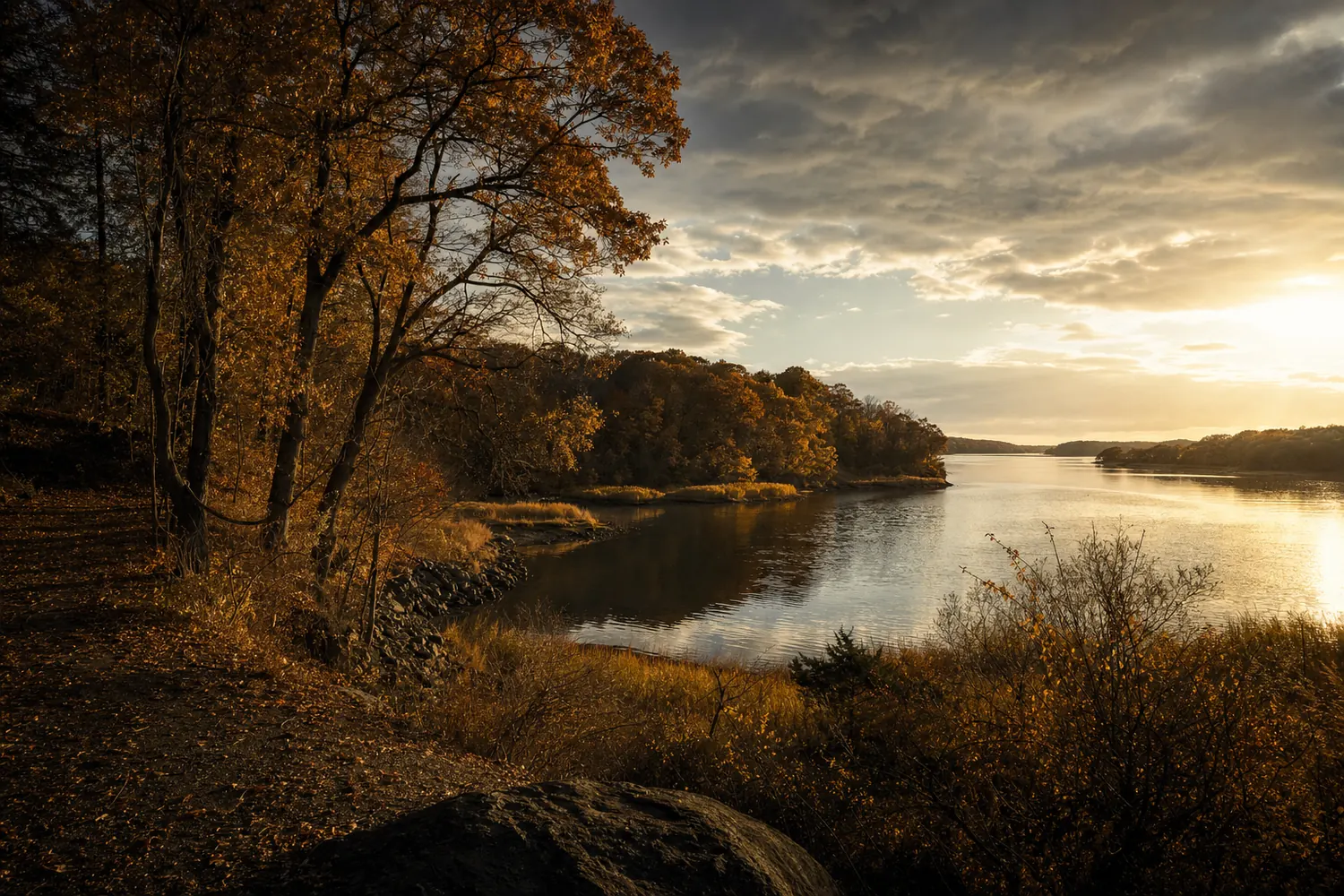 North shore Long Island woodland and a quiet tidal harbour near Smithtown in autumn.