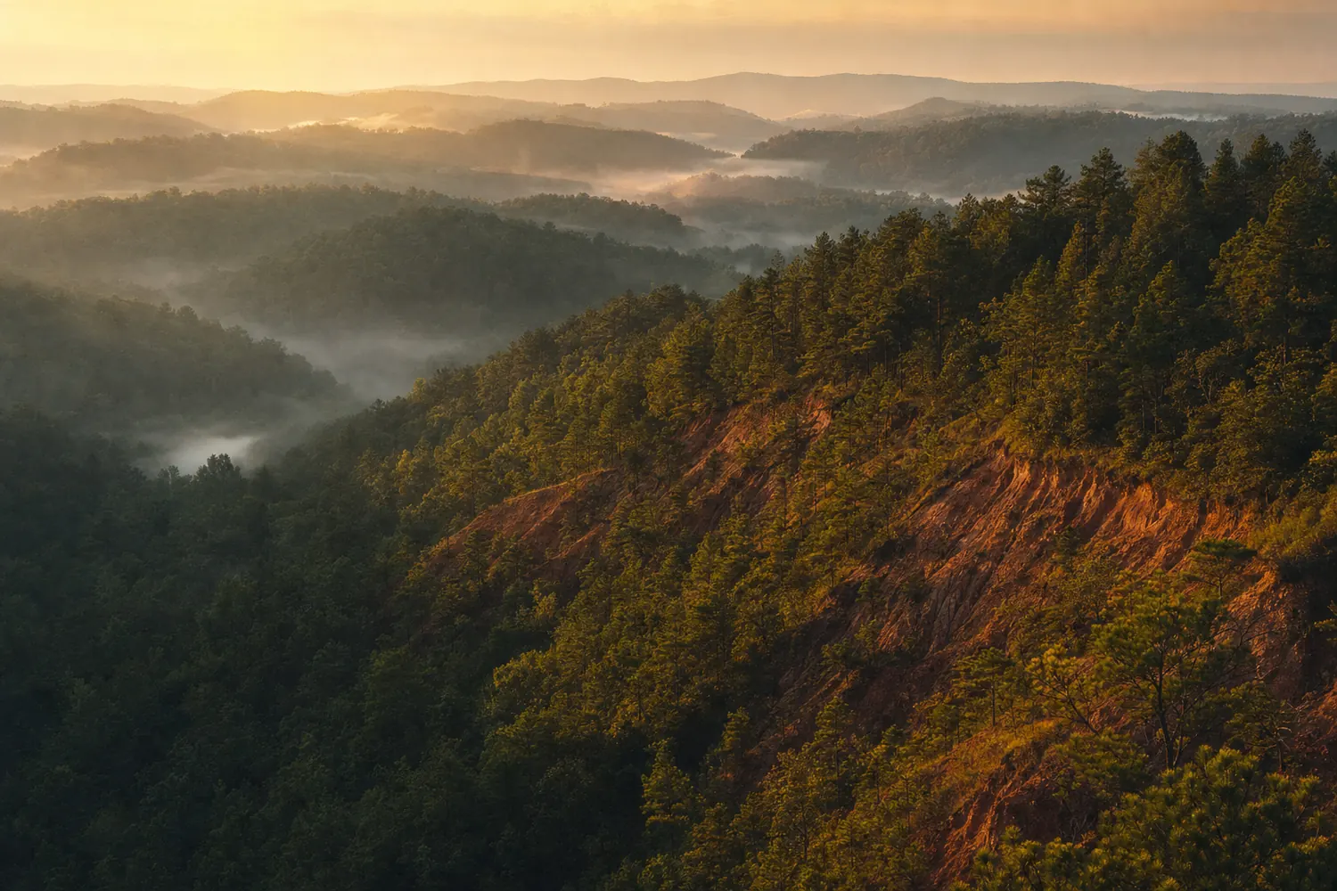Rolling pine forest and red clay ridges in the Appalachian foothills of Alabama, morning mist in the hollows.