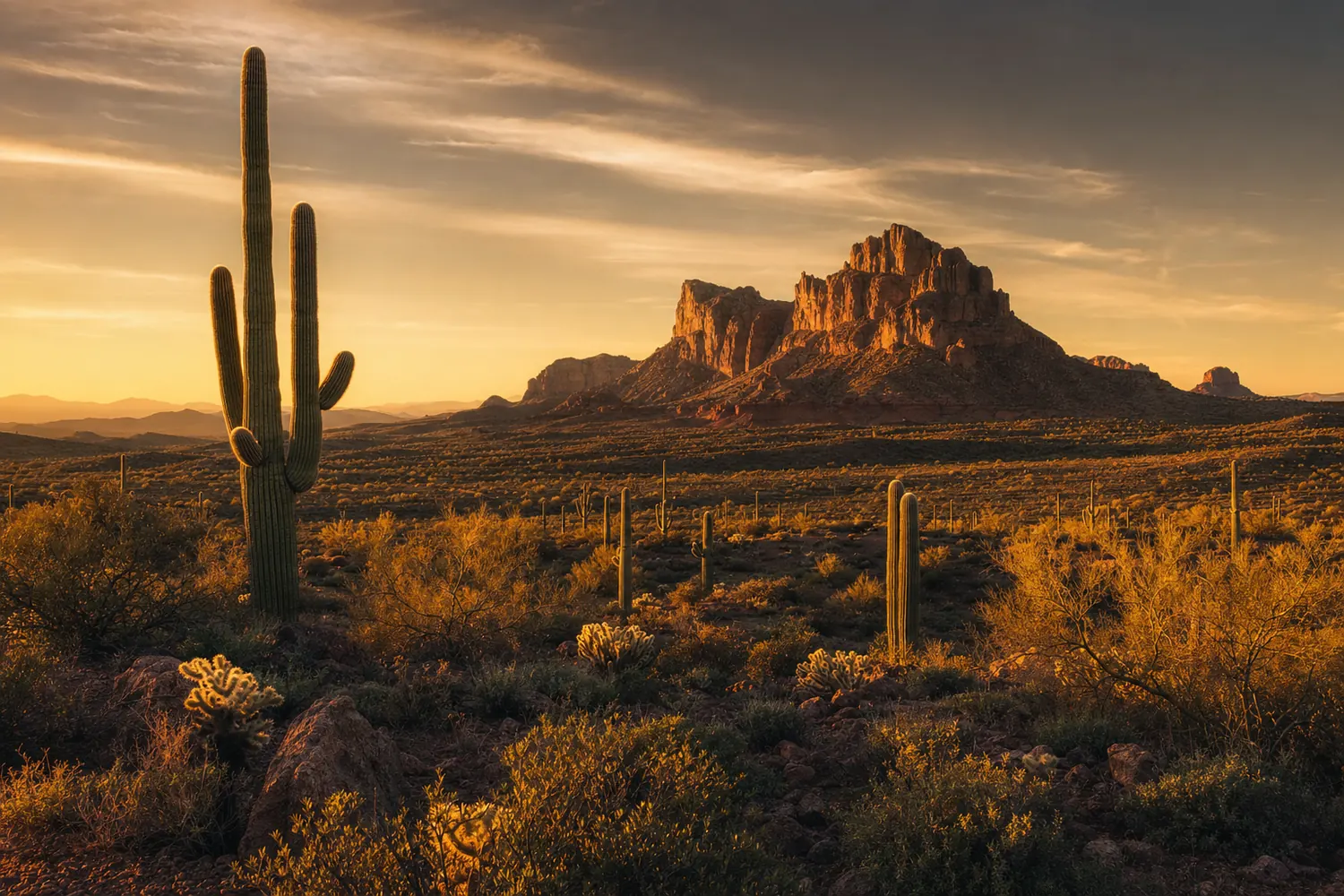 Sonoran desert in Arizona with tall saguaro cactus and red rock buttes.