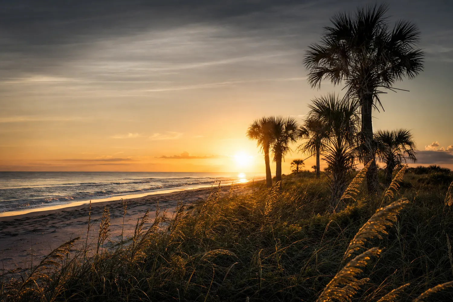 The Atlantic coast of Florida at sunrise, sea oats on the dunes and palms silhouetted against the low sun.