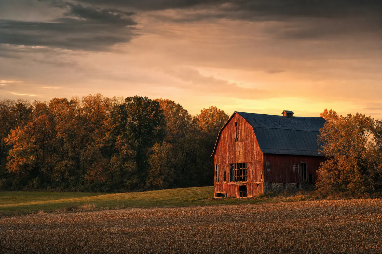 Indiana farmland with a weathered red barn and a hardwood treeline turning in autumn.