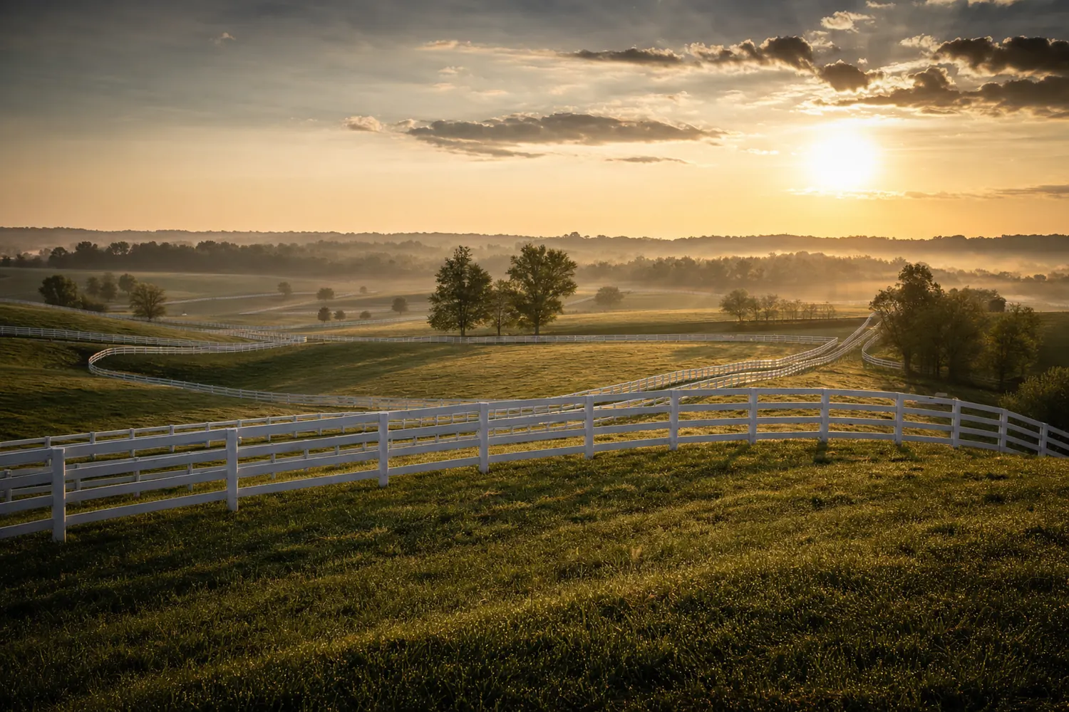 Kentucky bluegrass horse country, white plank fences over rolling pasture at dawn.