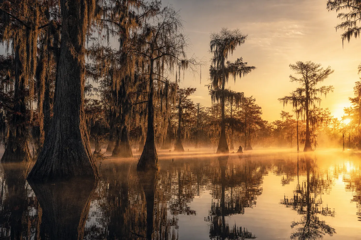 Bald cypress trees standing in still Louisiana bayou water, Spanish moss hanging, dawn mist.