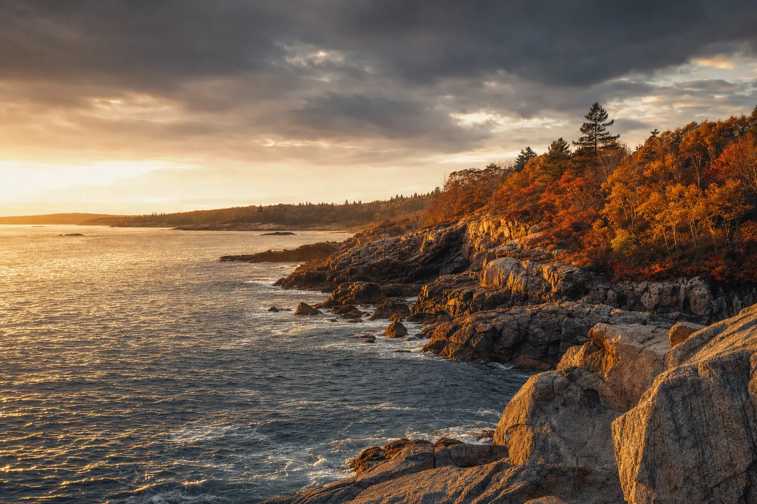 The rocky Atlantic coast of Massachusetts, granite shoreline and hardwoods in autumn colour.