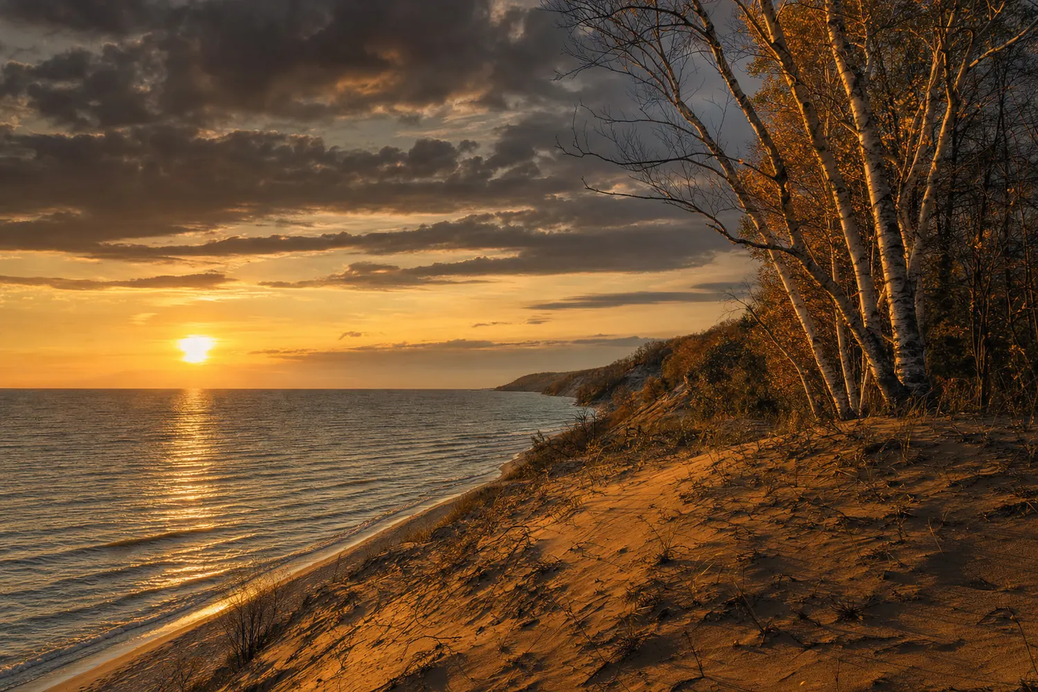 Great Lakes shoreline in Michigan with high sand dunes and white birch at sunset.