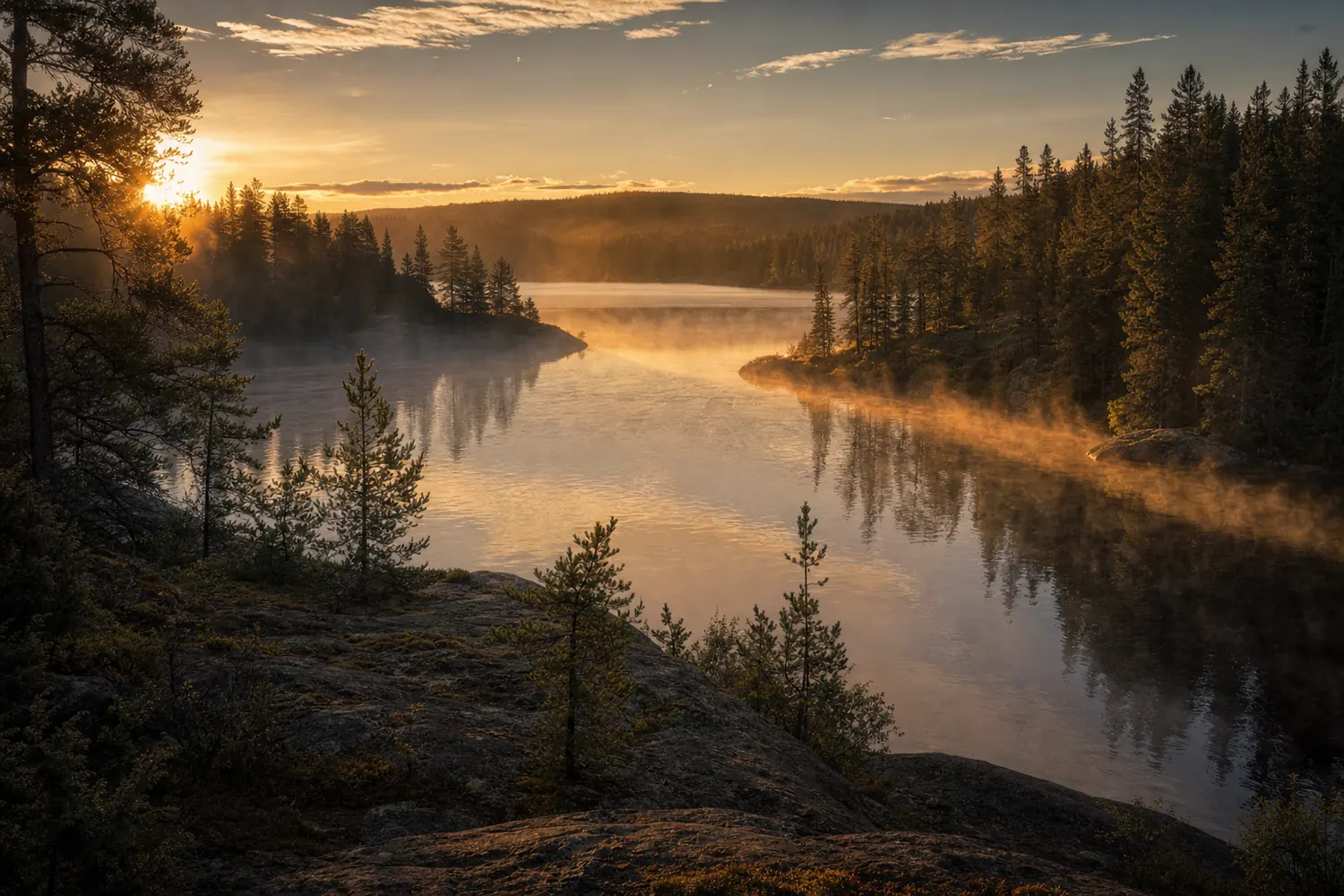 A northern Minnesota lake ringed with pine forest, mist lifting off the water at dawn.