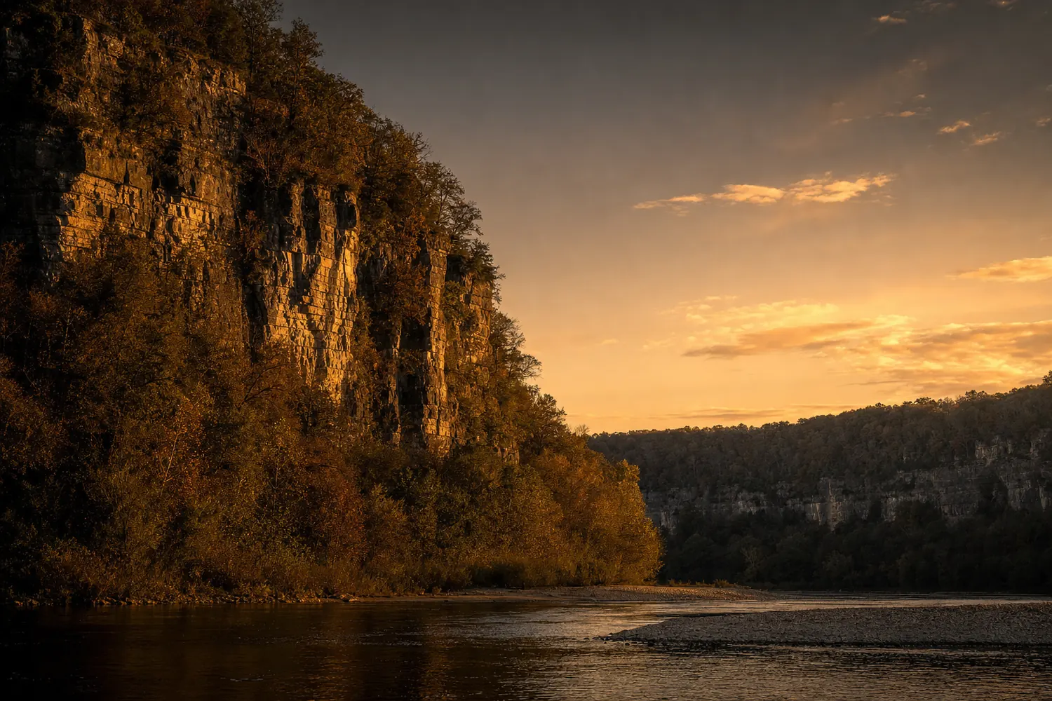 Limestone bluffs above an Ozark river in Missouri at golden hour.