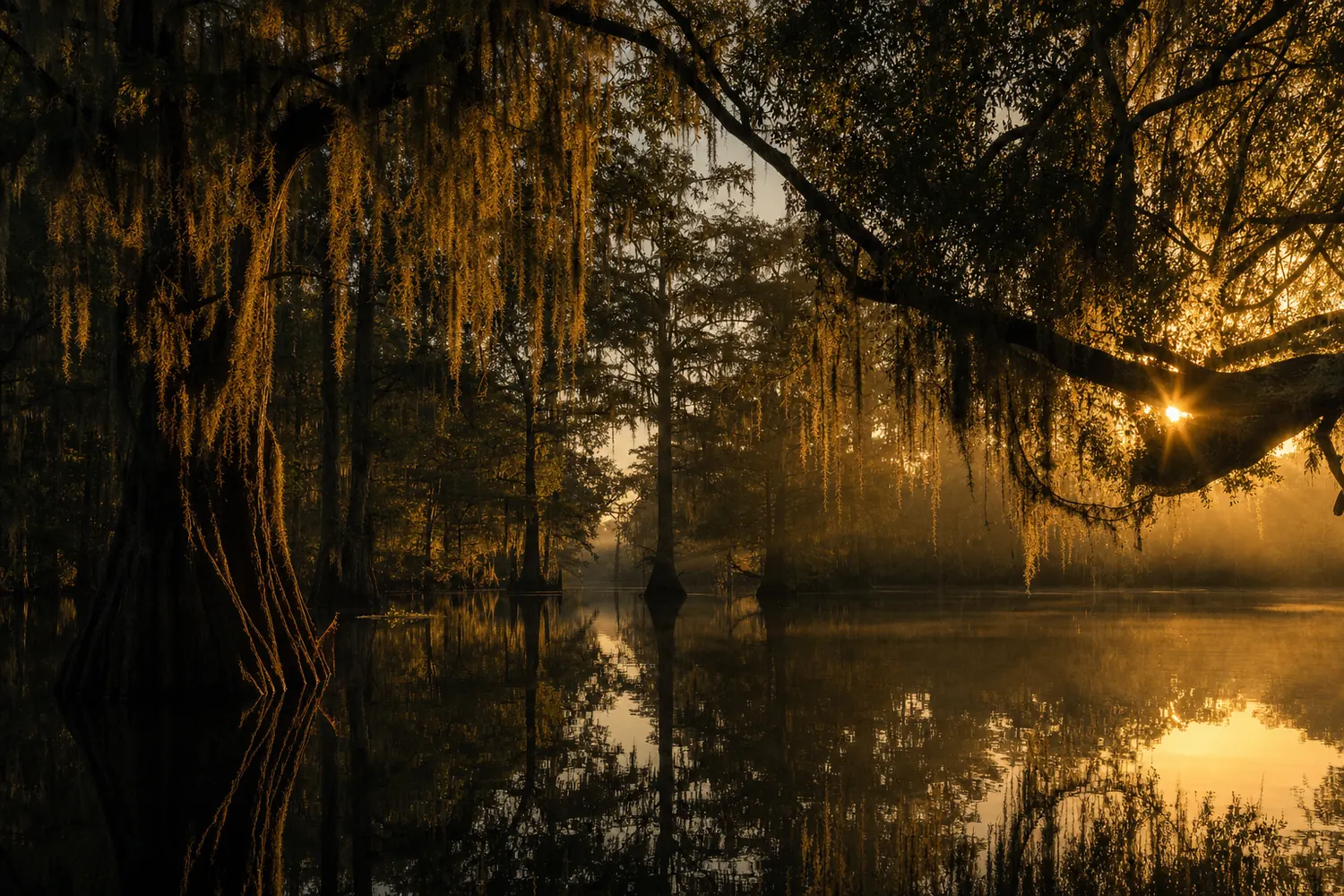 A Mississippi cypress swamp with live oaks and still dark water at dawn.