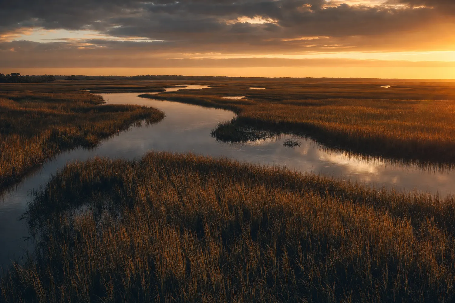 South Carolina Lowcountry salt marsh, tidal creeks winding through spartina grass at golden hour.