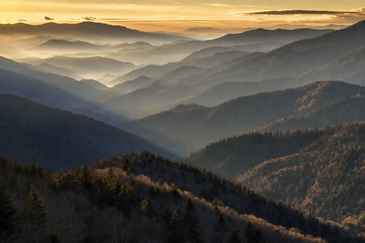 The Great Smoky Mountains of Tennessee, ridge behind ridge in blue morning mist.