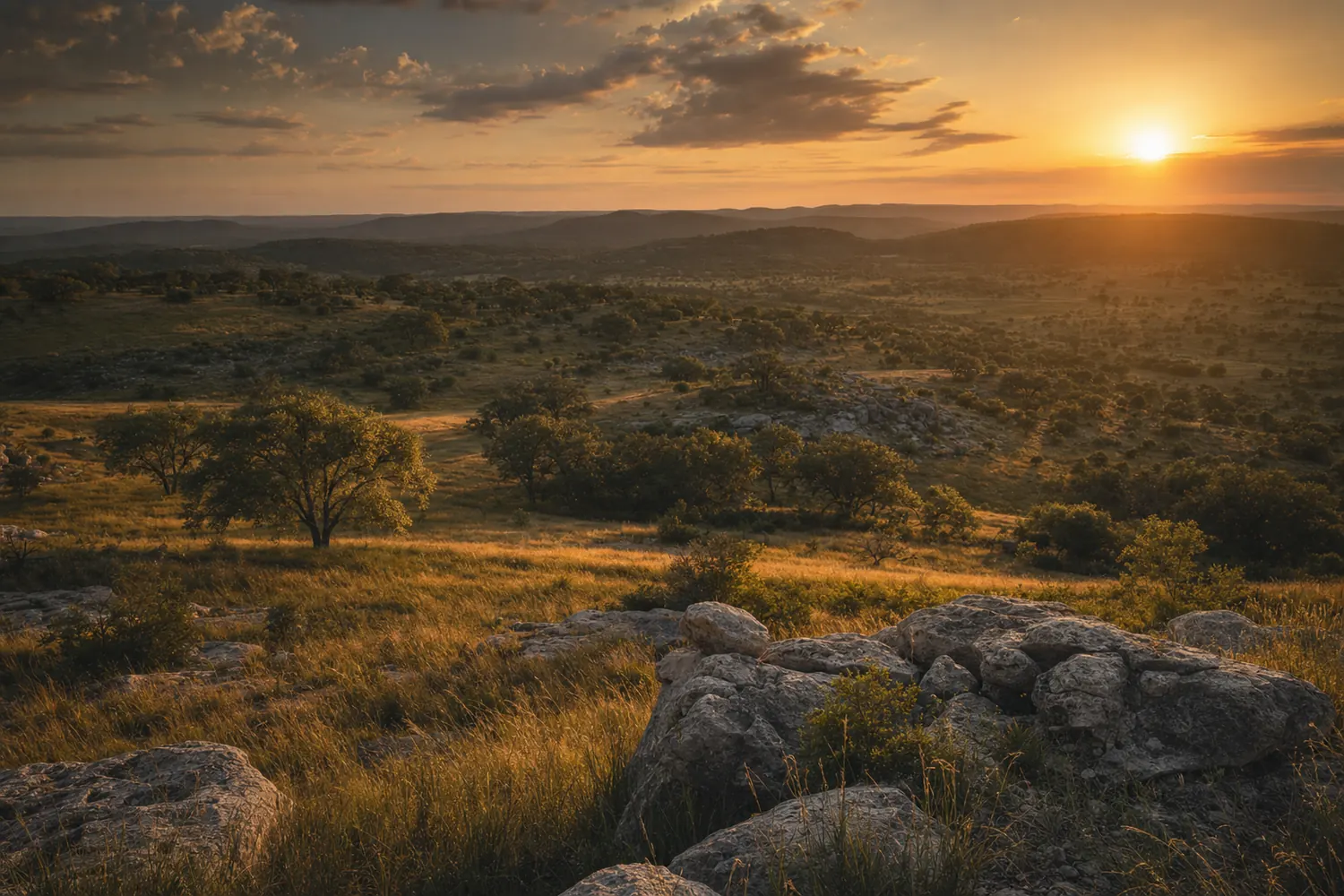 Texas Hill Country, limestone outcrops and live oaks over rolling grassland at golden hour.