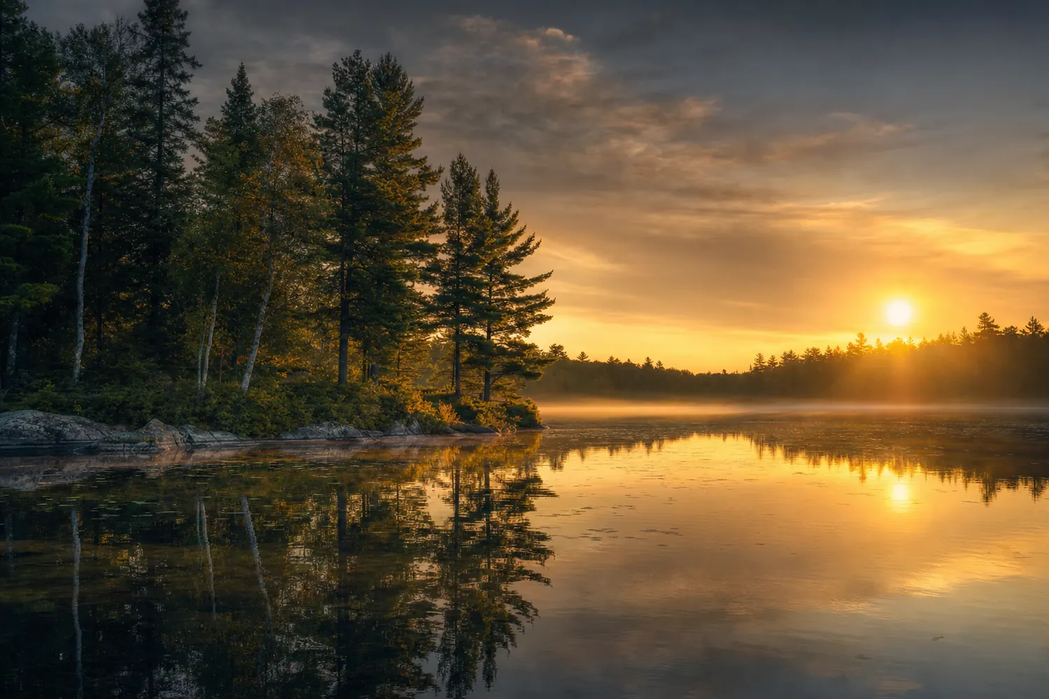 A northwoods Wisconsin lake fringed with pine and birch at sunrise.