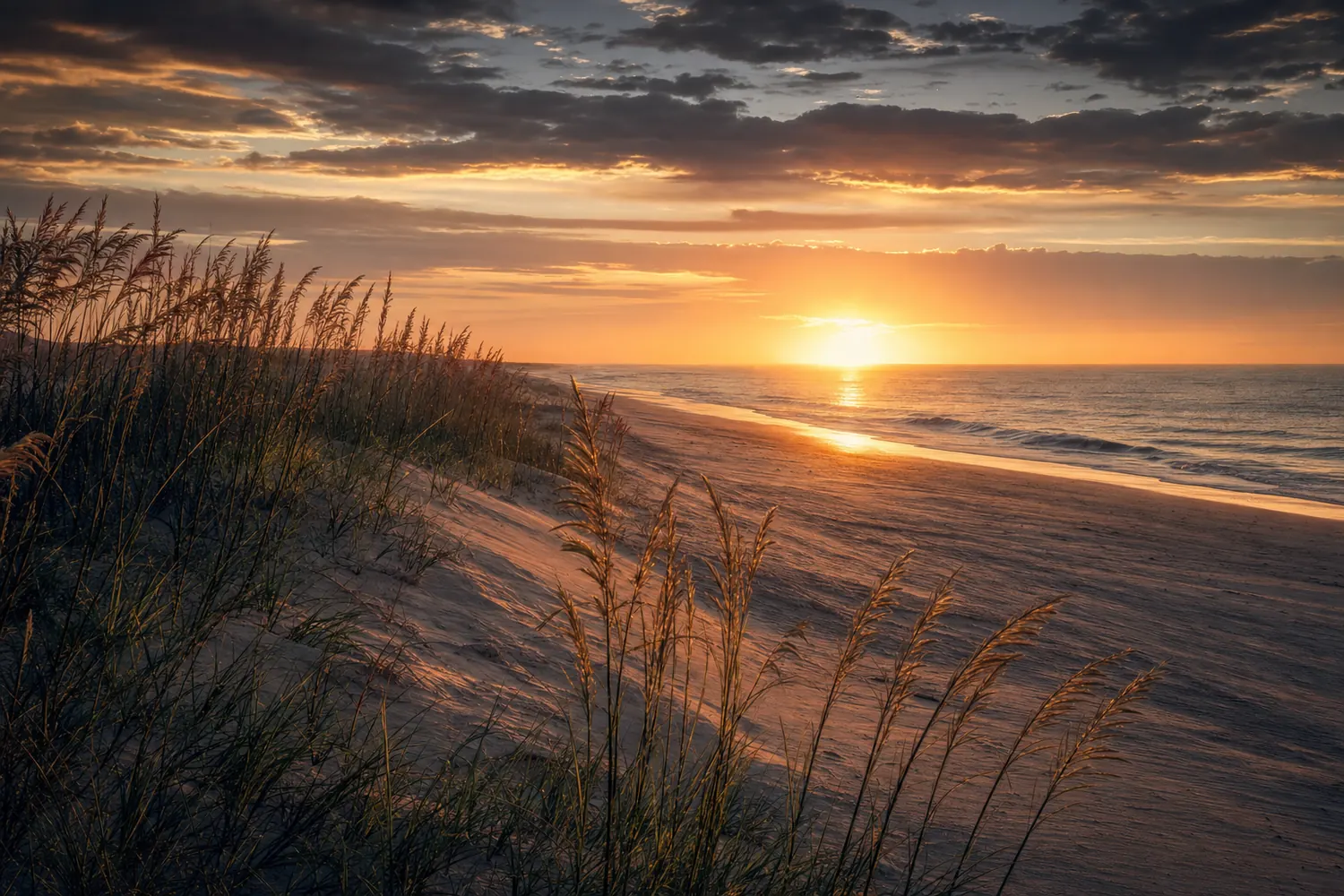 The Atlantic shoreline at Virginia Beach at sunrise, dunes and sea oats.
