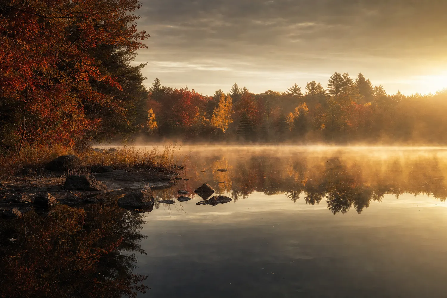 A New England woodland pond near Woburn in full autumn colour, mist on the water.