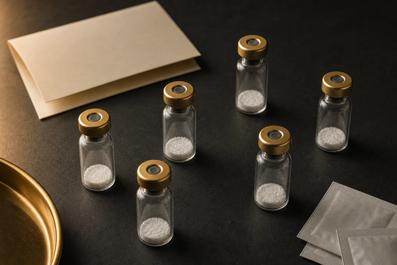 Glass medication vials of lyophilized peptide, each sealed with a flip-off cap, arranged with alcohol prep pads on a dark surface.