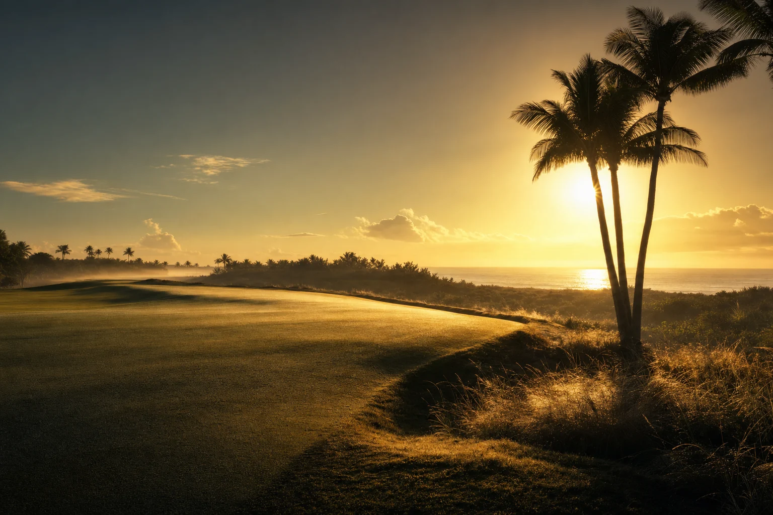 An empty coastal golf course at sunrise, dew on the fairway and palms silhouetted against the low sun over the Atlantic.