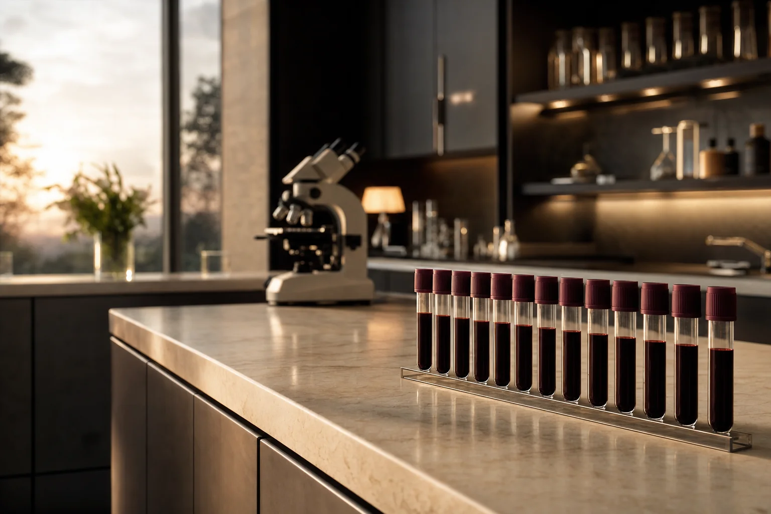 A row of sealed blood sample tubes on a stand beside a microscope in a clinical lab at golden hour, representing Renew Vitality's comprehensive bloodwork panel.